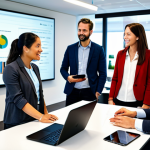 A diverse group of professional adults, fully clothed in modern business casual attire, gathered around a large interactive screen displaying sustainability metrics and social media feeds. They are actively engaged in discussion and collaboration, gesturing towards the screen and taking notes on tablets. The setting is a brightly lit, contemporary innovation hub or open-plan office space, filled with plants and natural light. The image captures the energy of collective problem-solving and shared commitment to ESG values, emphasizing the role of digital platforms in fostering community. Professional photography, high resolution, soft lighting, vibrant colors, clear details, perfect anatomy, correct proportions, natural pose, well-formed hands, proper finger count, natural body proportions, safe for work, appropriate content, fully clothed, modest clothing, professional dress, family-friendly.