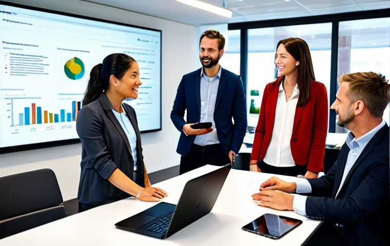A diverse group of professional adults, fully clothed in modern business casual attire, gathered around a large interactive screen displaying sustainability metrics and social media feeds. They are actively engaged in discussion and collaboration, gesturing towards the screen and taking notes on tablets. The setting is a brightly lit, contemporary innovation hub or open-plan office space, filled with plants and natural light. The image captures the energy of collective problem-solving and shared commitment to ESG values, emphasizing the role of digital platforms in fostering community. Professional photography, high resolution, soft lighting, vibrant colors, clear details, perfect anatomy, correct proportions, natural pose, well-formed hands, proper finger count, natural body proportions, safe for work, appropriate content, fully clothed, modest clothing, professional dress, family-friendly.
