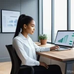 지속가능성 컨설팅 스타트업 창업 가이드 - A determined young female solo entrepreneur, dressed in smart business casual, is working efficientl...