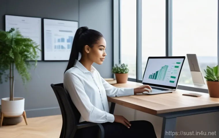 지속가능성 컨설팅 스타트업 창업 가이드 - A determined young female solo entrepreneur, dressed in smart business casual, is working efficientl...