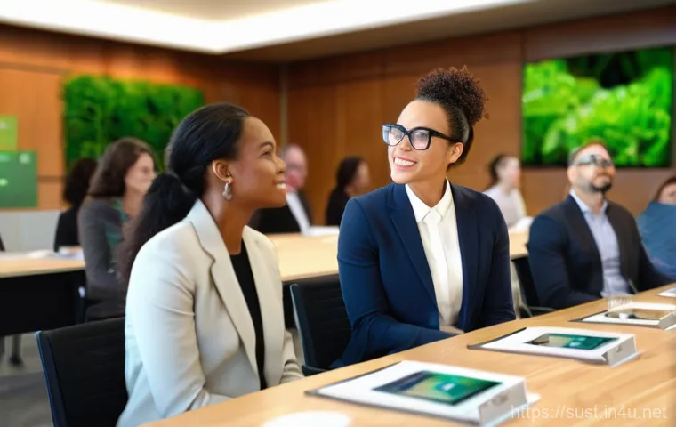 지속가능성 컨설팅 프레젠테이션 스킬 - **Prompt 1: Engaging Storytelling for Sustainability**
A diverse group of business professionals...