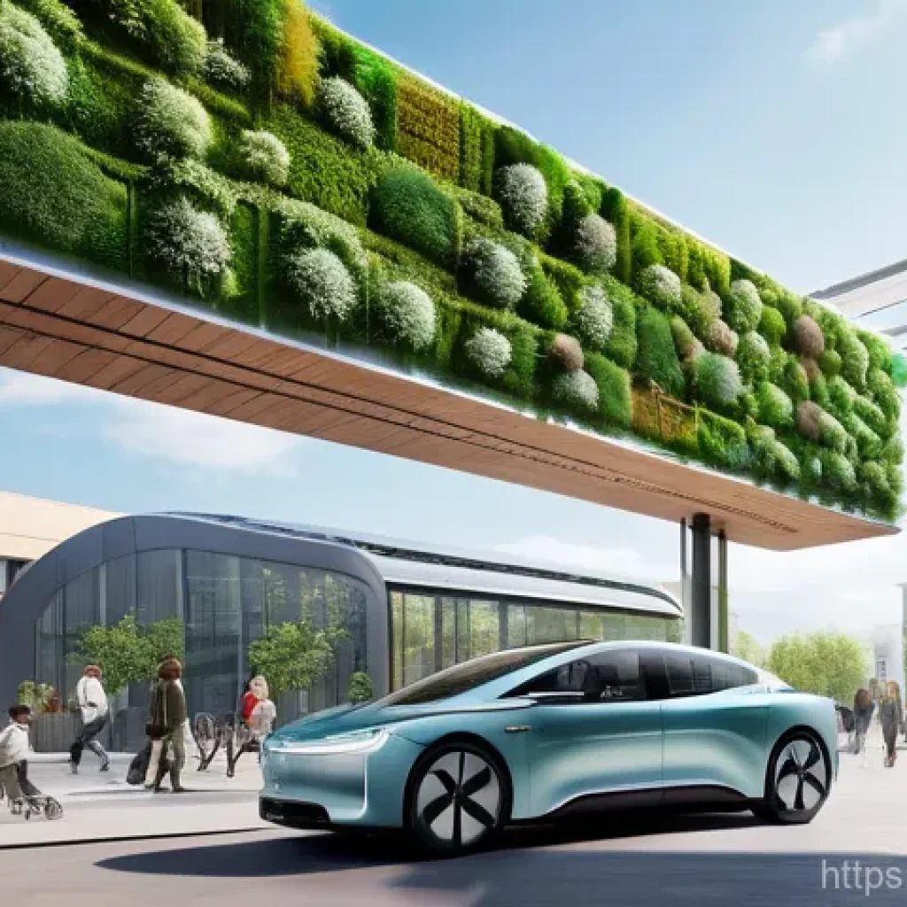 지속가능성 관련 연구 동향 - **Prompt:** A futuristic, eco-friendly city street scene during a bright day. Sleek, modern electric...