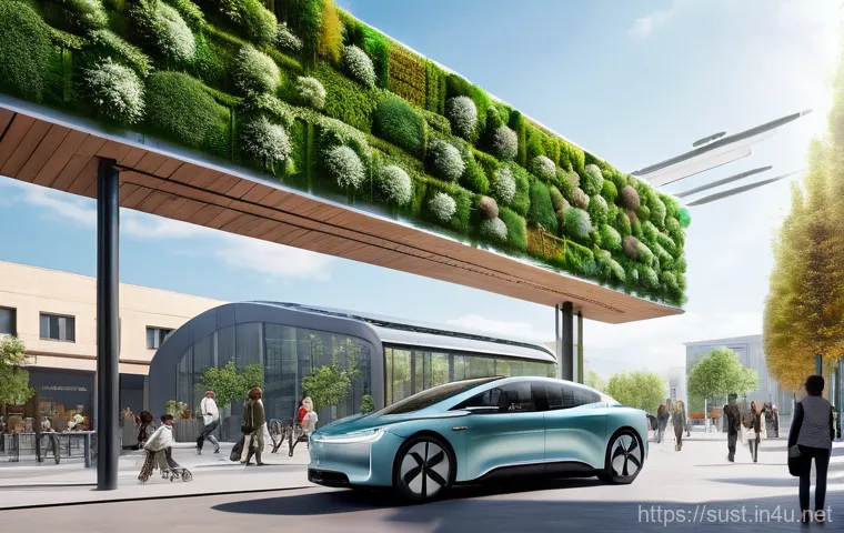 지속가능성 관련 연구 동향 - **Prompt:** A futuristic, eco-friendly city street scene during a bright day. Sleek, modern electric...